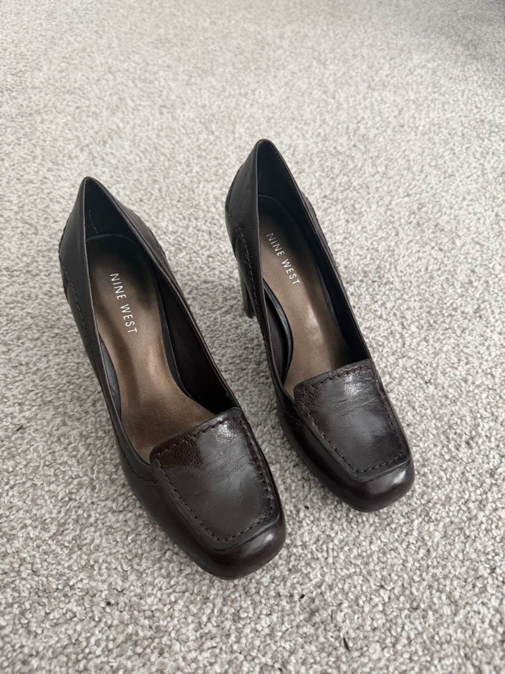 Nine West Dark Brown Leather Loafer-Style Block Heels